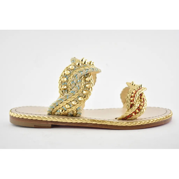 Christian Louboutin Normandie Flat Rope Gold Leather Spike Slip Slide Sandal 36 - Picture 2 of 11